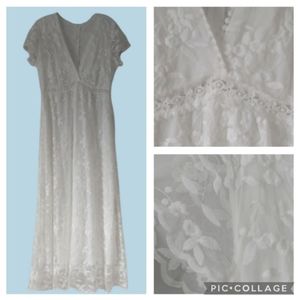 Boho Cottagecore Embroidered Lace Maxi Wedding Dress White Large